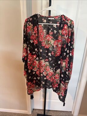 Black Floral Kimono Cardigan with Red Flowers